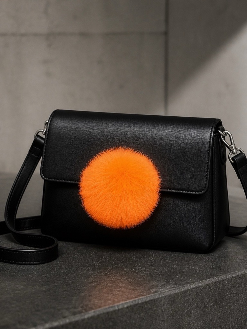 O bag Black Flap Handbag with Orange Pom-Pom NWT  8x6 in size - Picture 2 of 4